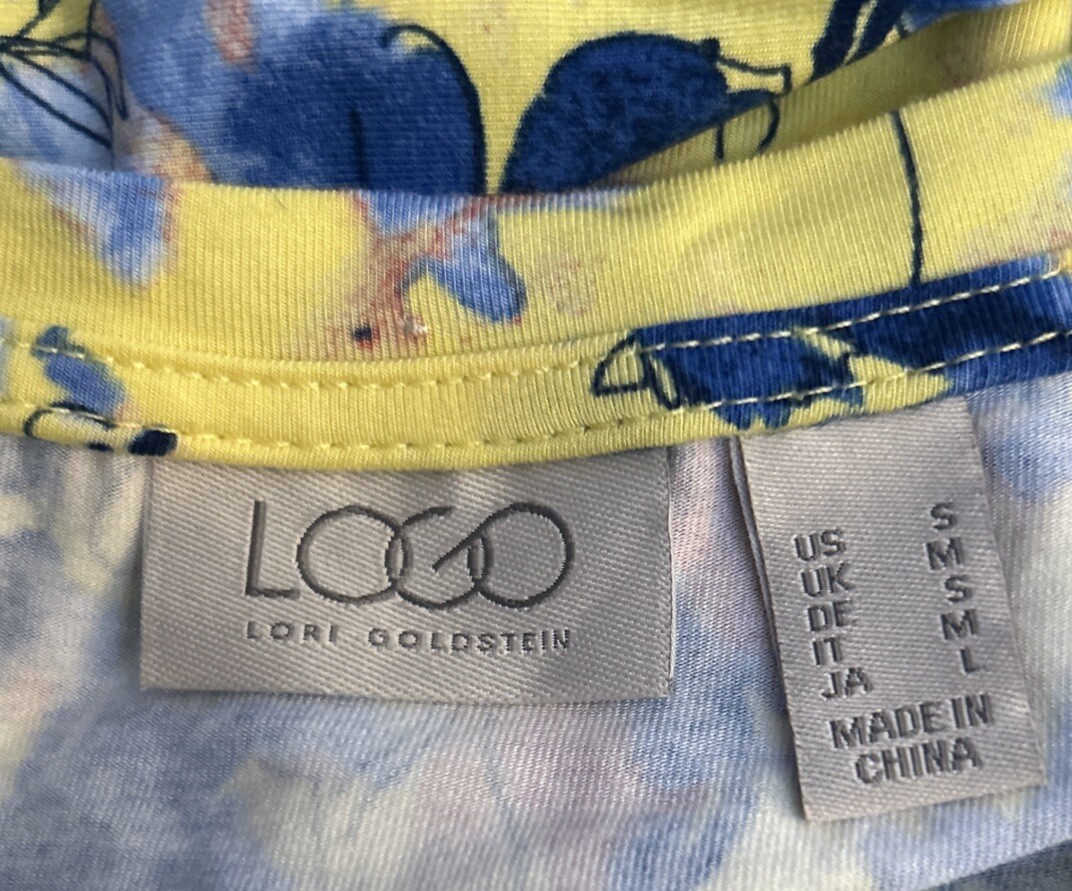 LOGO Top S Yellow Floral Stretch Knit Viscose Spandex Blend Popover Tee Shirt