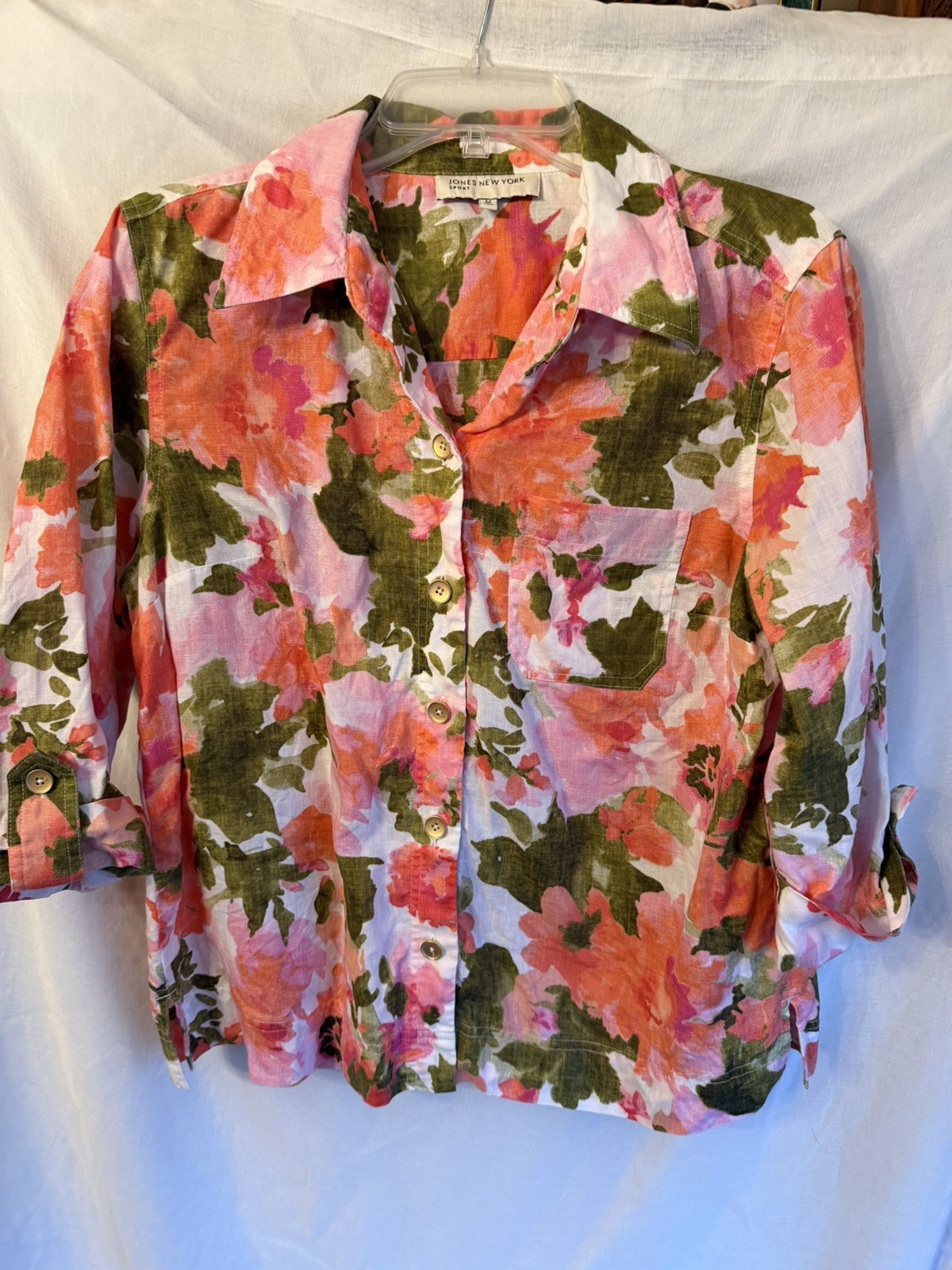 Women’s Linen Blouse Jones New York Sport Pink Coral Floral Vacation M