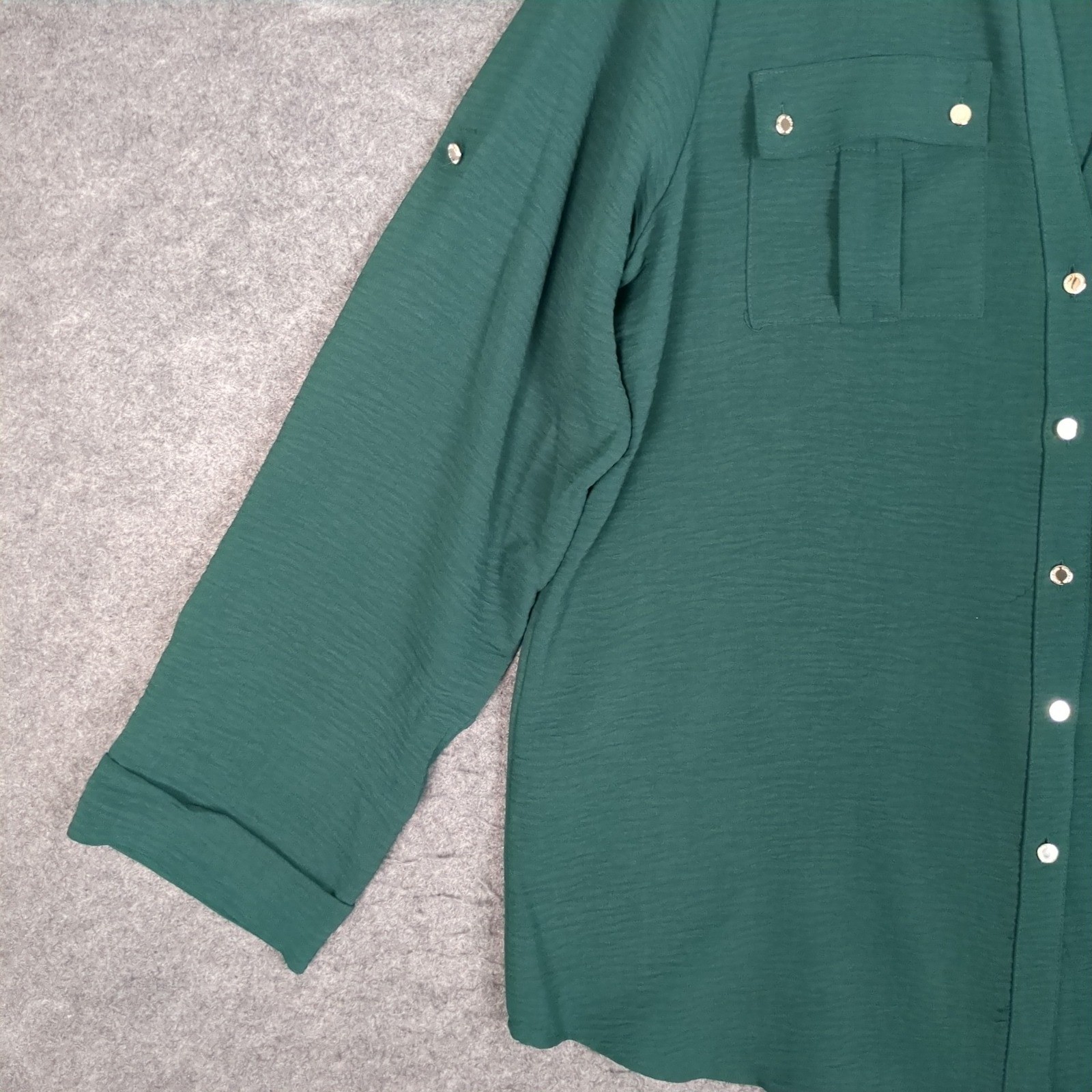 Calvin Klein Womens XL Dark Green Roll Tab Sleeve Utility Button Up Blouse Shirt