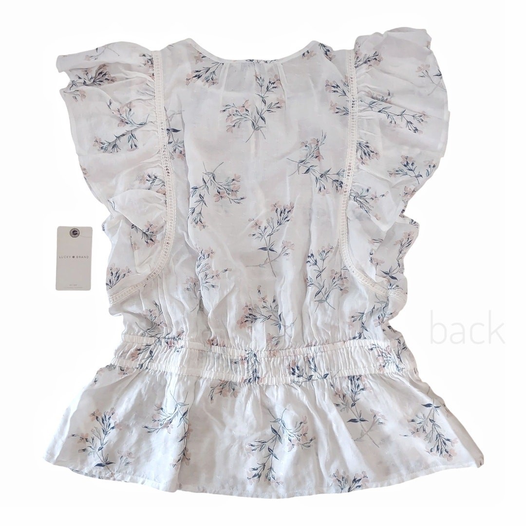 LUCKY BRAND White Floral Blouse Junior Size M Ruffles Lace Feminine Delicate NWT