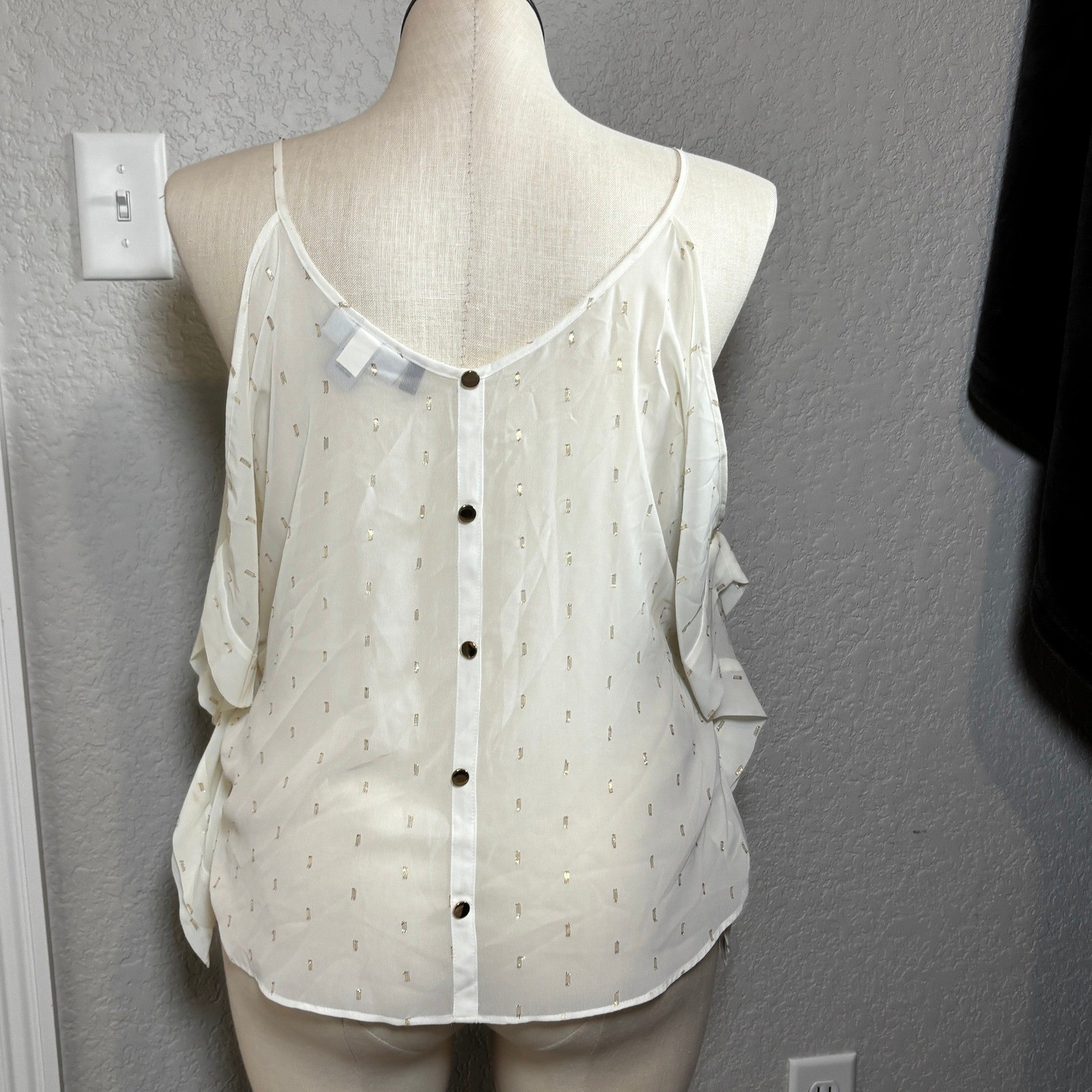 Jennifer Lopez Cold Shoulder White Metallic Dot Blouse Shirt Top Women’s M
