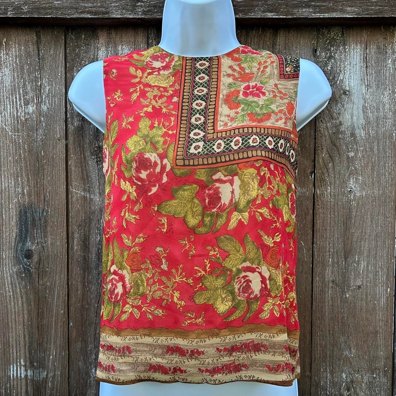 Vintage 90s Dana Buchman 100% Silk Scarf Print Sleeveless Blouse Boho Fairy 6