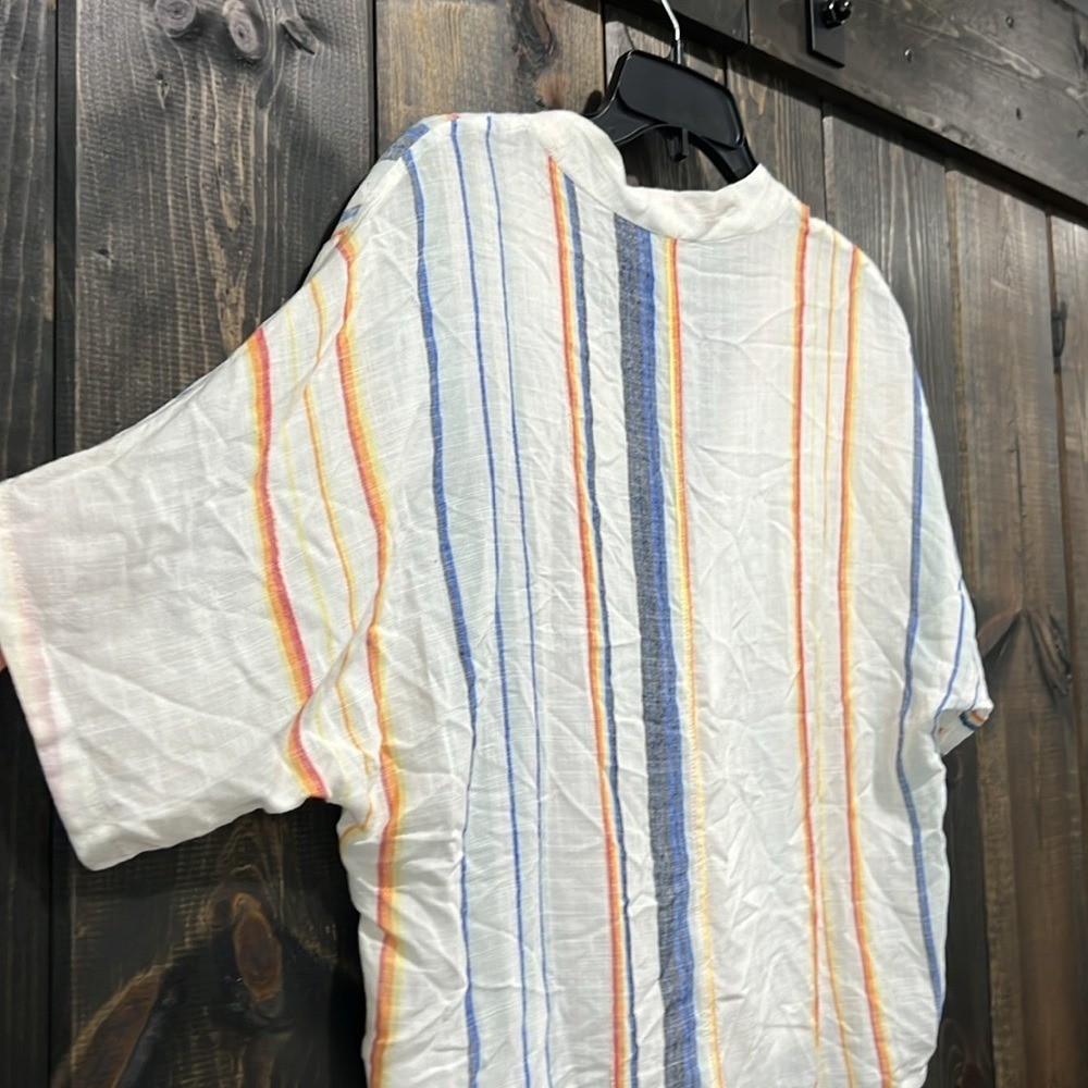En Creme White Multi Striped Top S Button Up Tie Front Beathable Light Casual