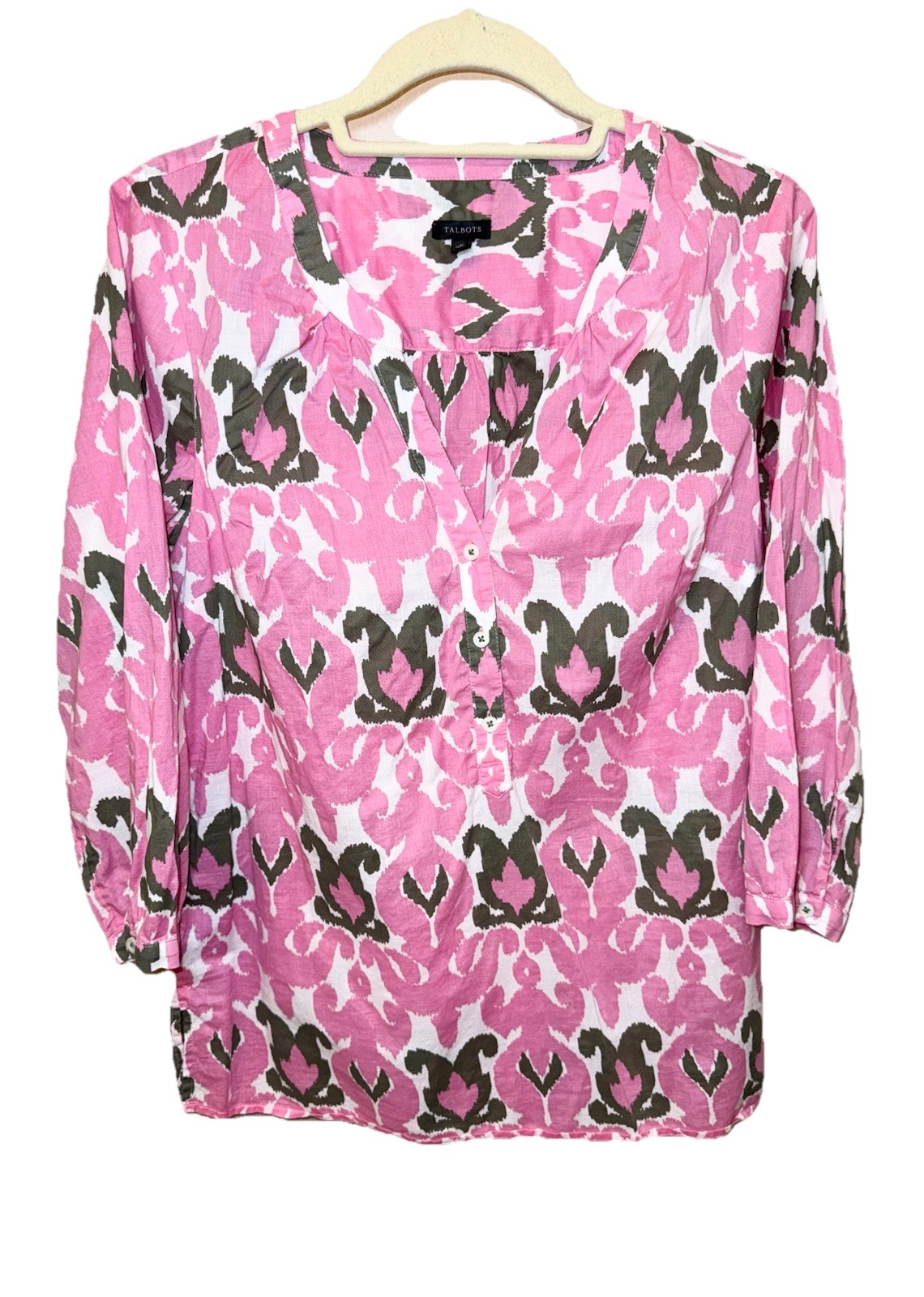 Talbots Popover Top Women’s MEDIUM Pink Ikat Print Beachy Vacation 100% Cotton