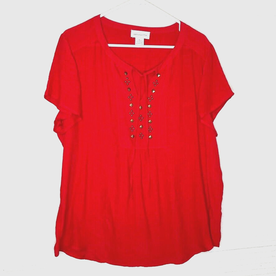 EUC Liz Claiborne Short Sleeve Top. Red with Gold Metallic Accent on Front, XL