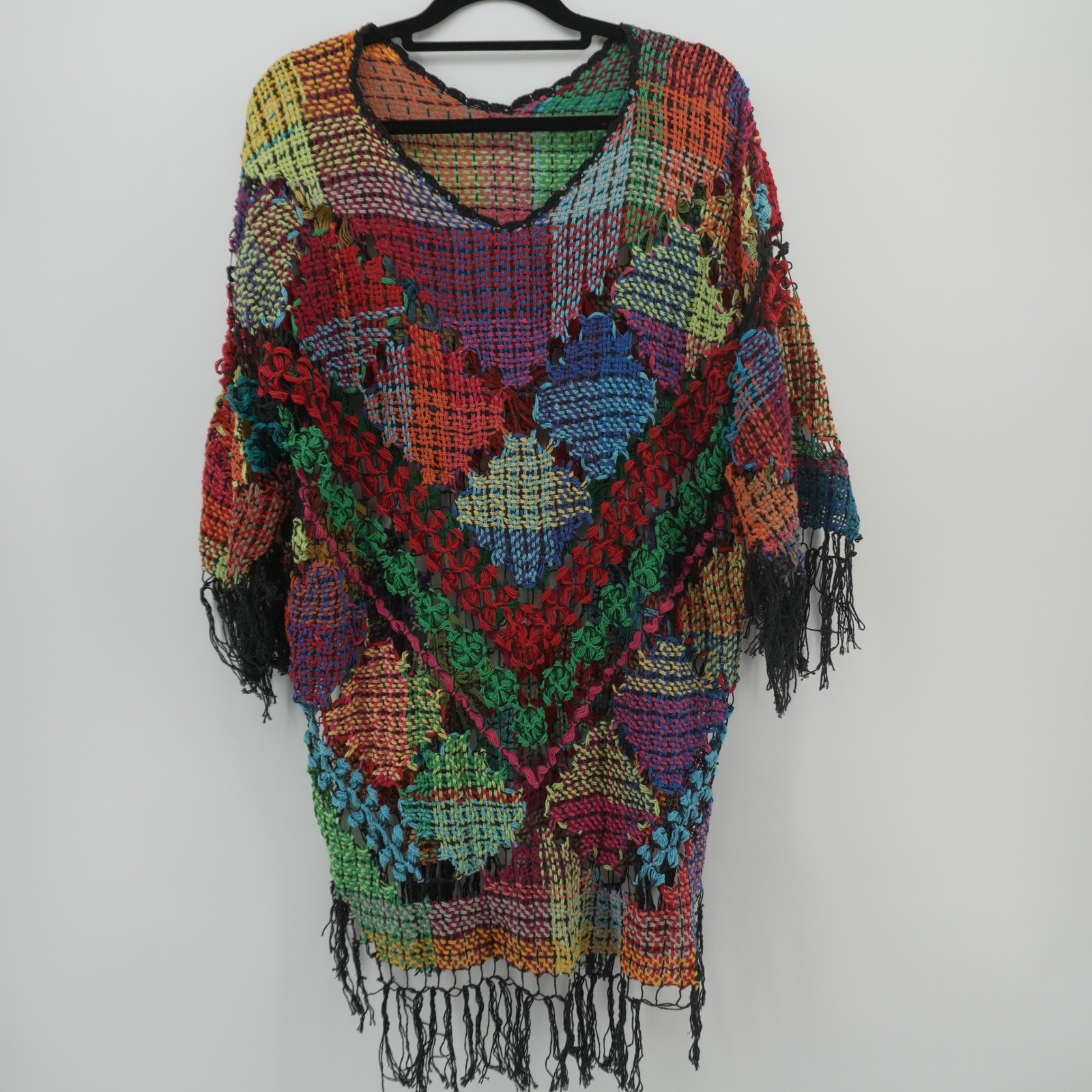 Unbranded Crochet Patchwork Tunic Women Multi Color Fringe Boho Knit Top