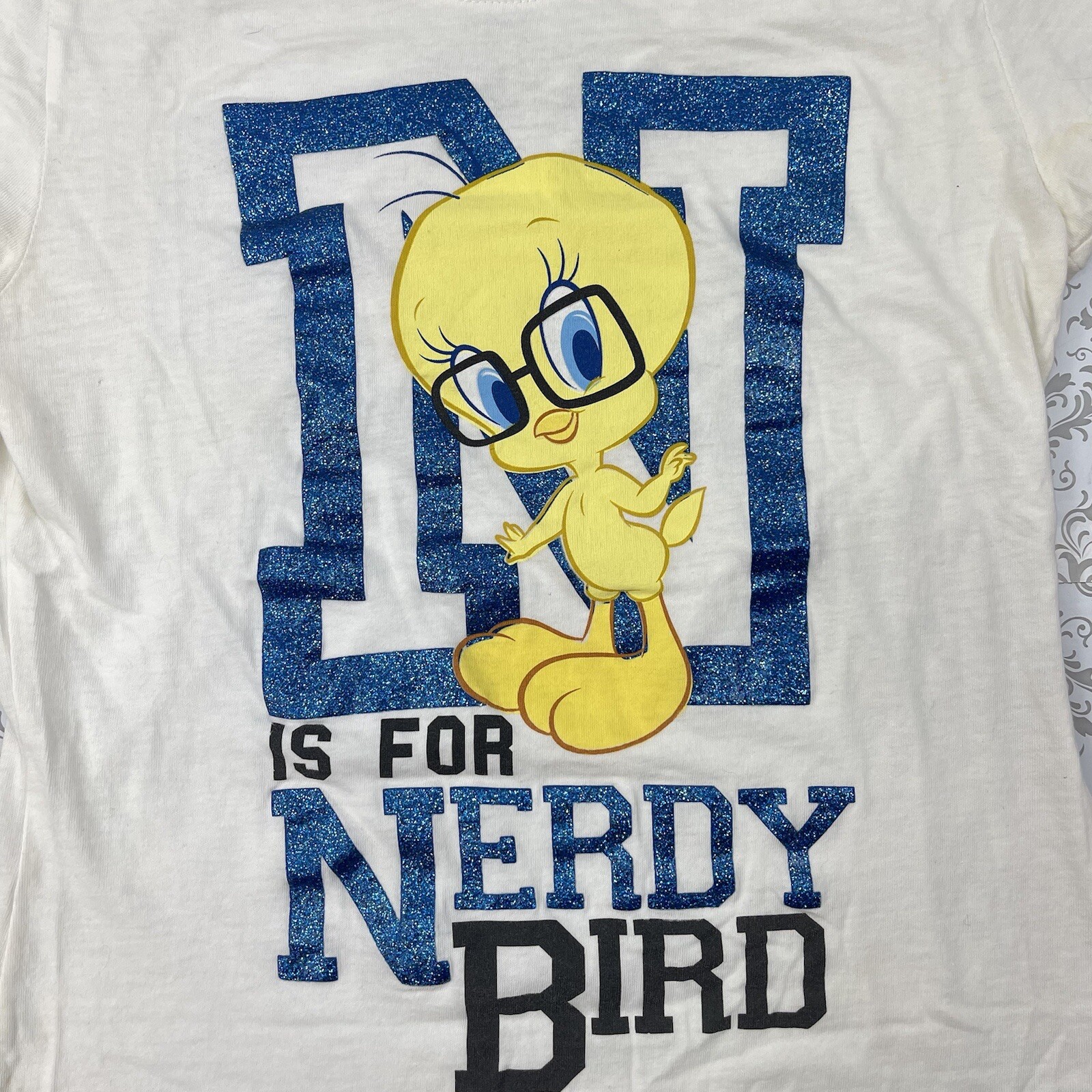 Warner Bros Tweety N is for Nerdy Bird Looney ToonWhite Glitter Top Shirt M 7/9