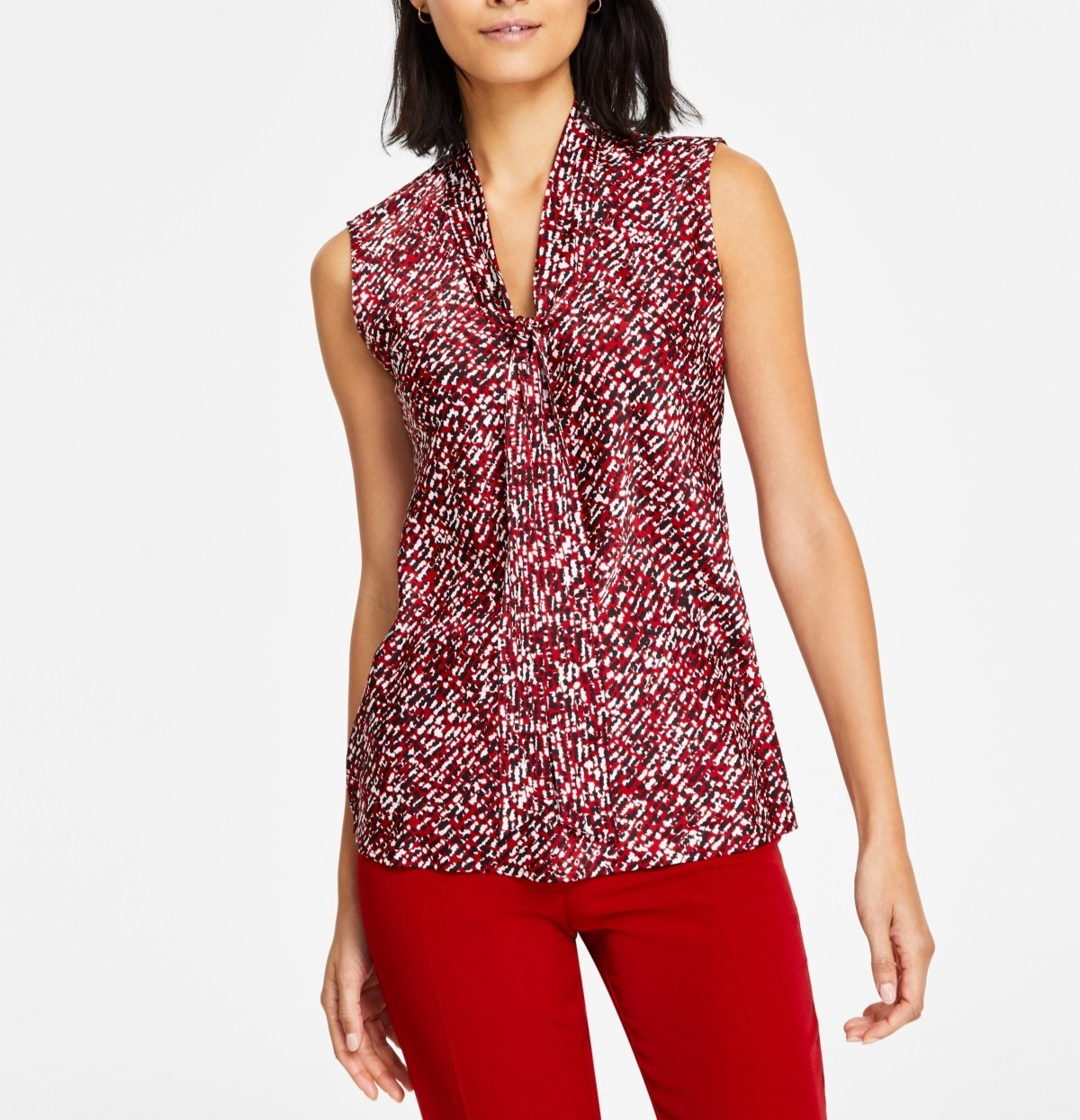 Kasper Women’s Satin Printed Tie-Neck Sleeveless Blouse MSRP $59