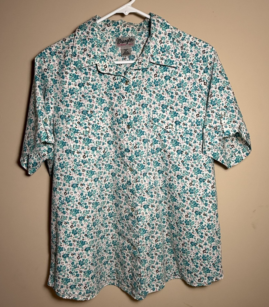 Wrangler Rancher Shirt Womens XXL Blue Floral Short Sleeve Western Snap Pearl