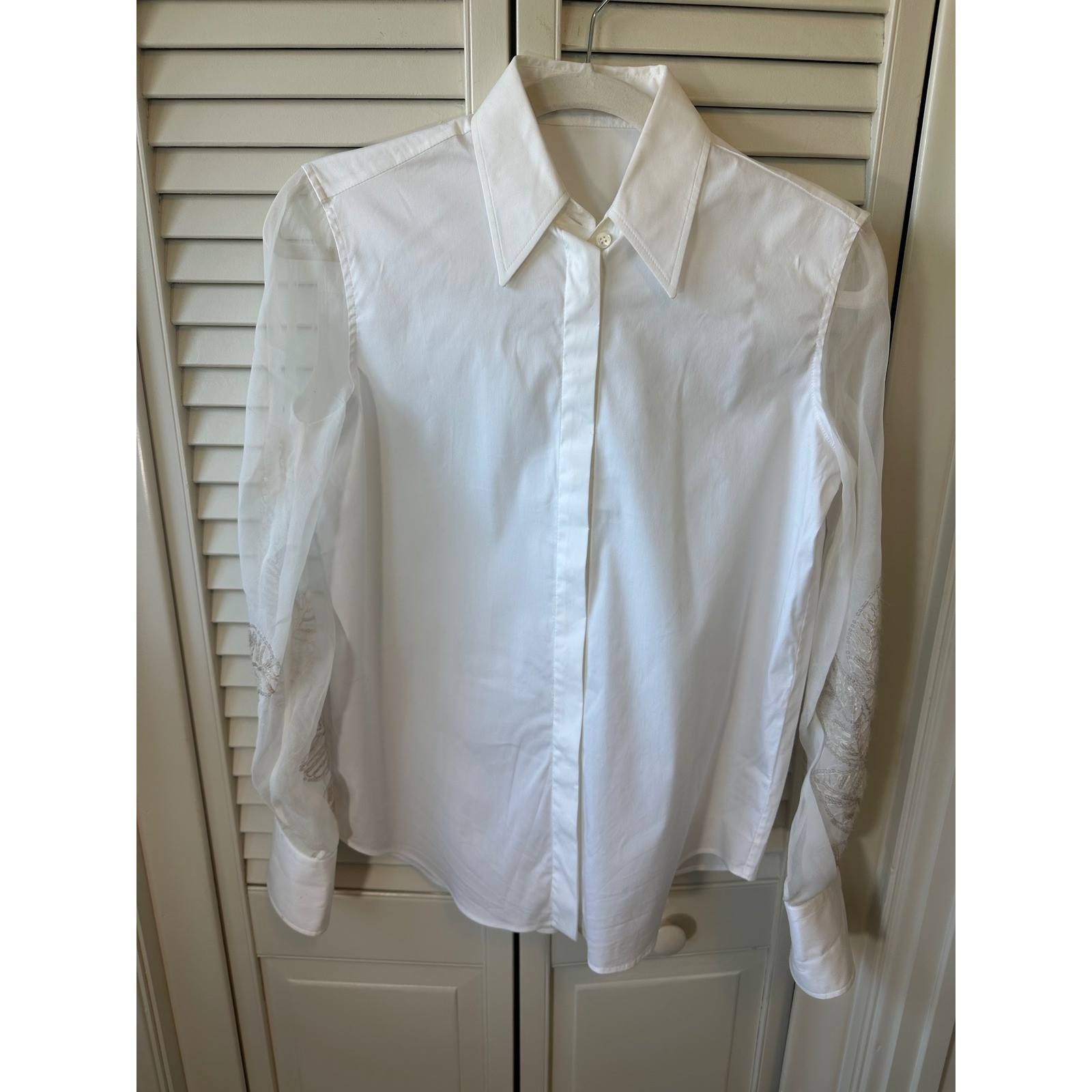 Brunello Cucinelli White Cotton Silk Sheer Embroidered Sequin Sleeve Shirt(15)
