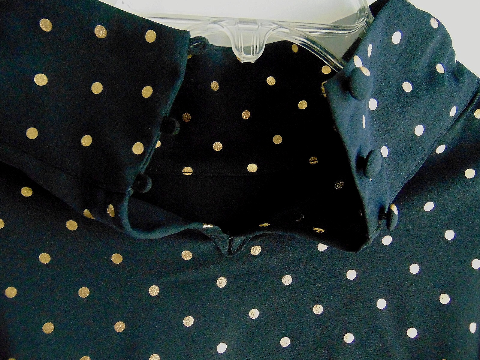 Women’s June + Vie Blouse Top 18W Black L/S Gold Polka Dot Elastic Sleeve Waist
