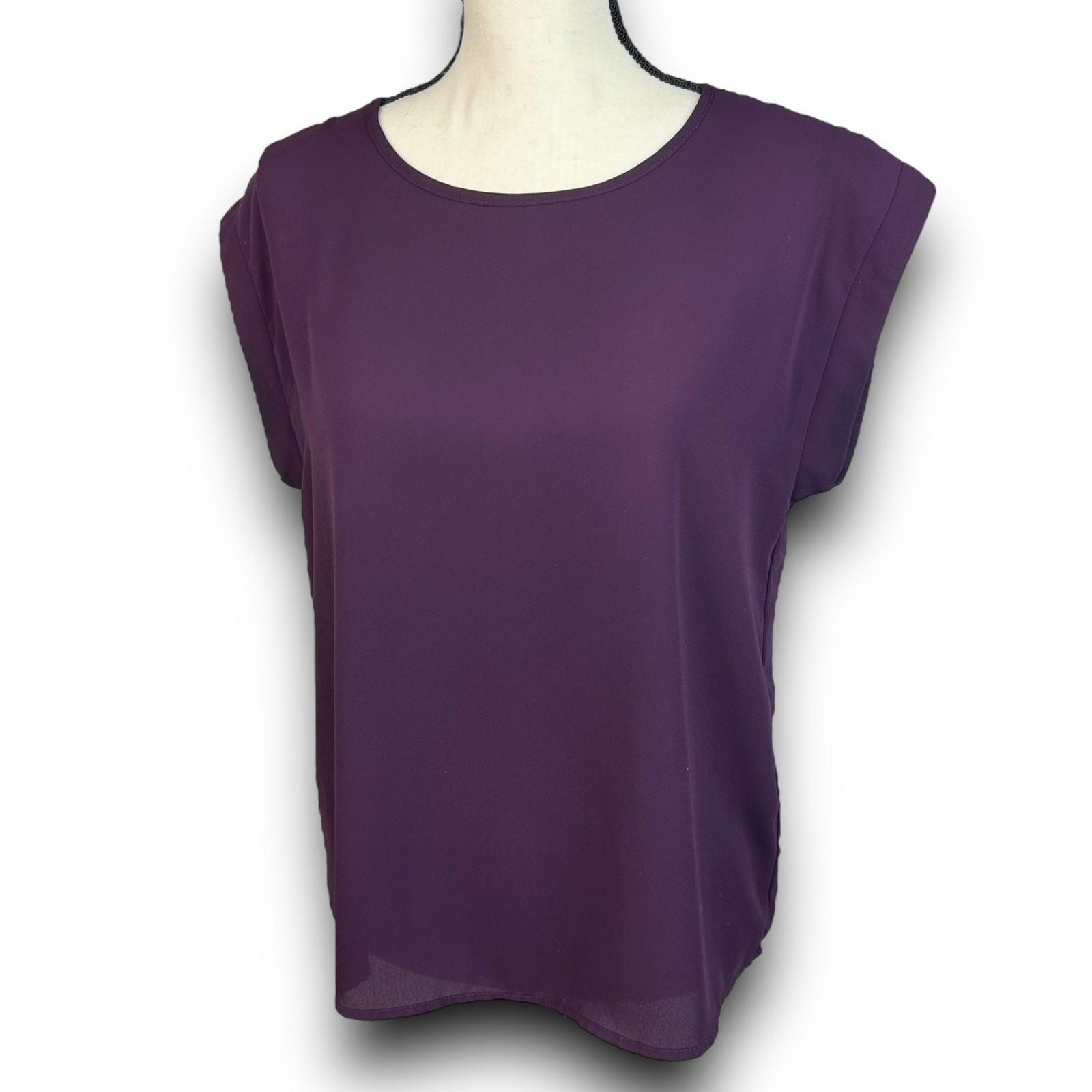 Tacera Purple Top Blouse Scoop Neck Cuffed Short Cap Sleeves Relaxed Fit Small P
