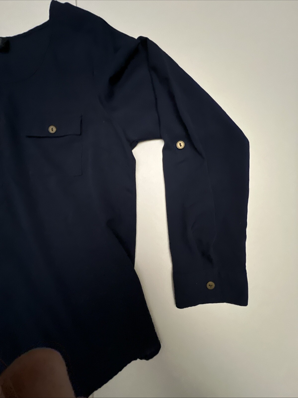 Sweet Wanderer Blouse Women’s Large Lightweight Navy Blue Long Roll Tab Sleeve