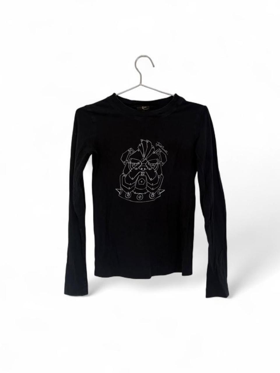 Roberto Cavalli black long sleeve top with white graphic of a bulldog