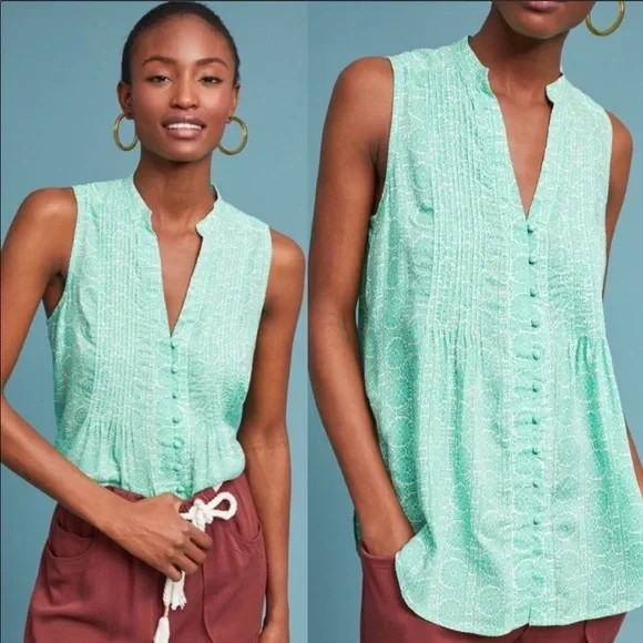 Anthropologie Maeve Green Motif Petunia Pintucked Tank, Size Small