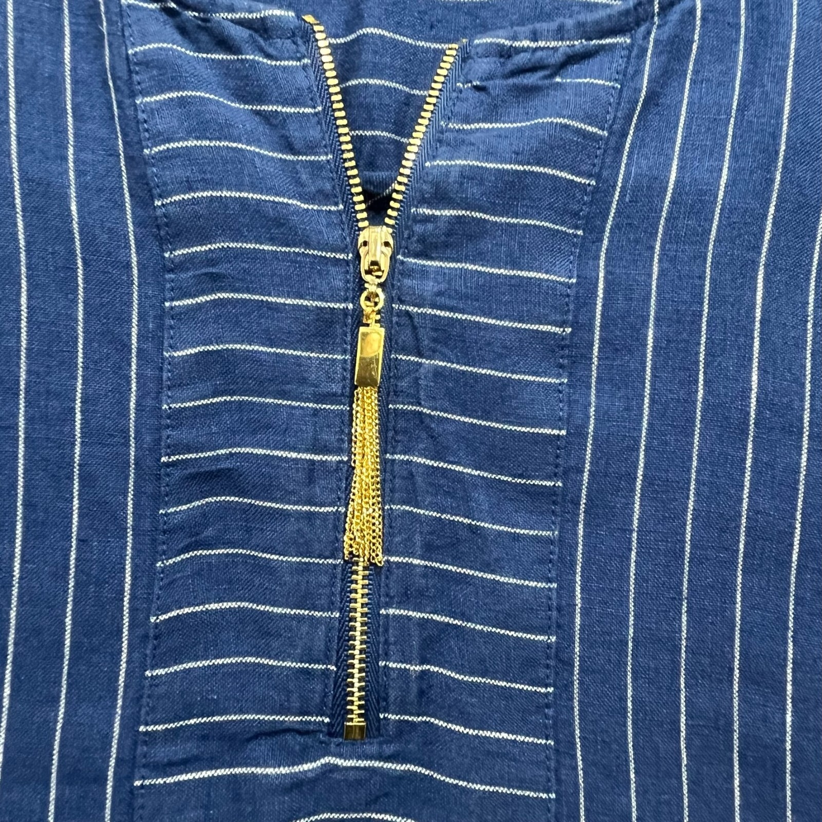 Ellen Tracy Top Women’s Medium Linen Blue Striped 3/4 Sleeve Quarter Zip