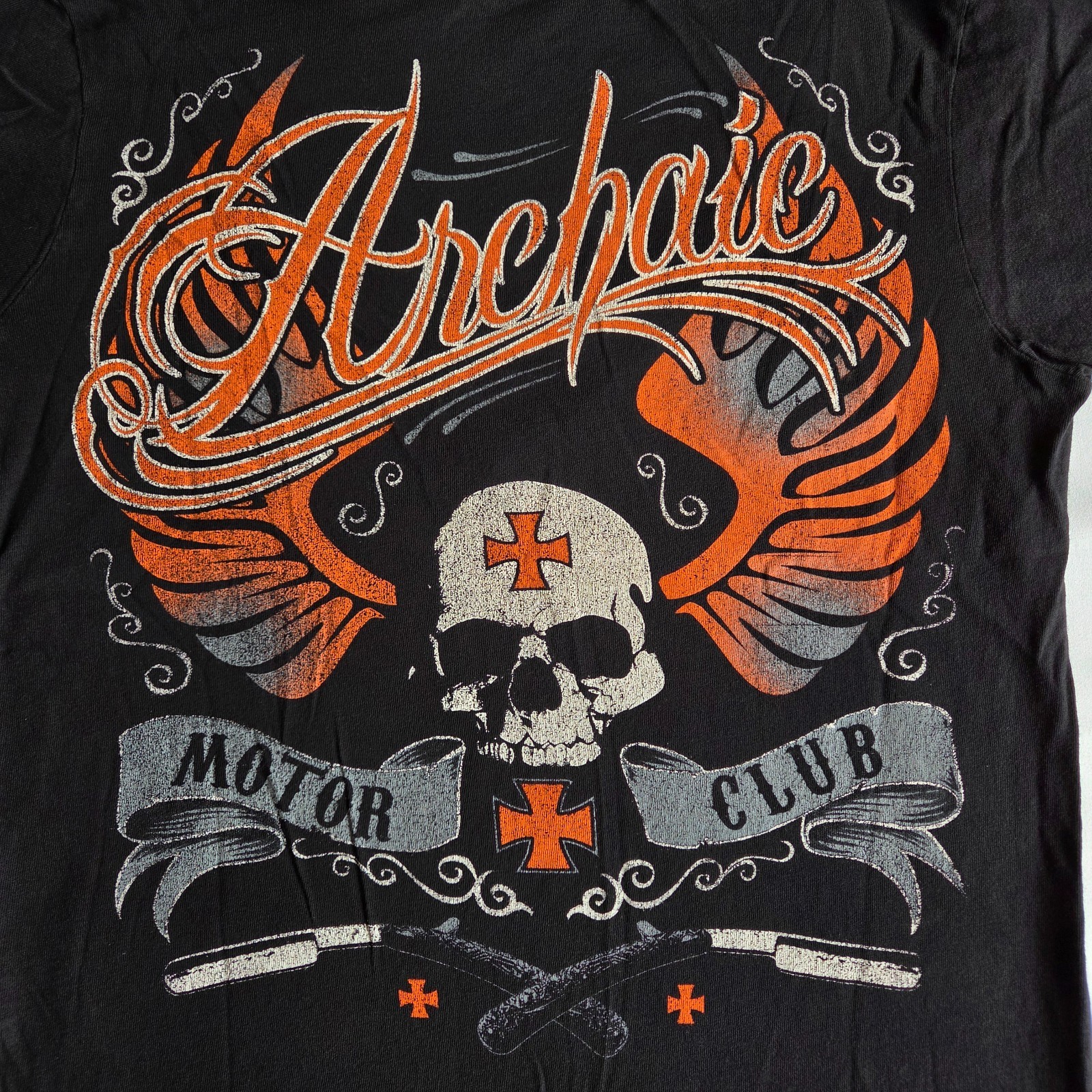 Archaic By Affliction Y2K Grunge Biker Black Orange L V-Neck Graphic T-Shirt NWT