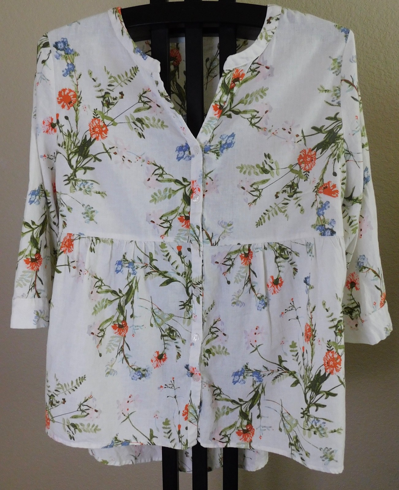 Jones New York 1X Blouse White Floral Print Linen Rayon Peplum V-Neck 3/4 Sleeve