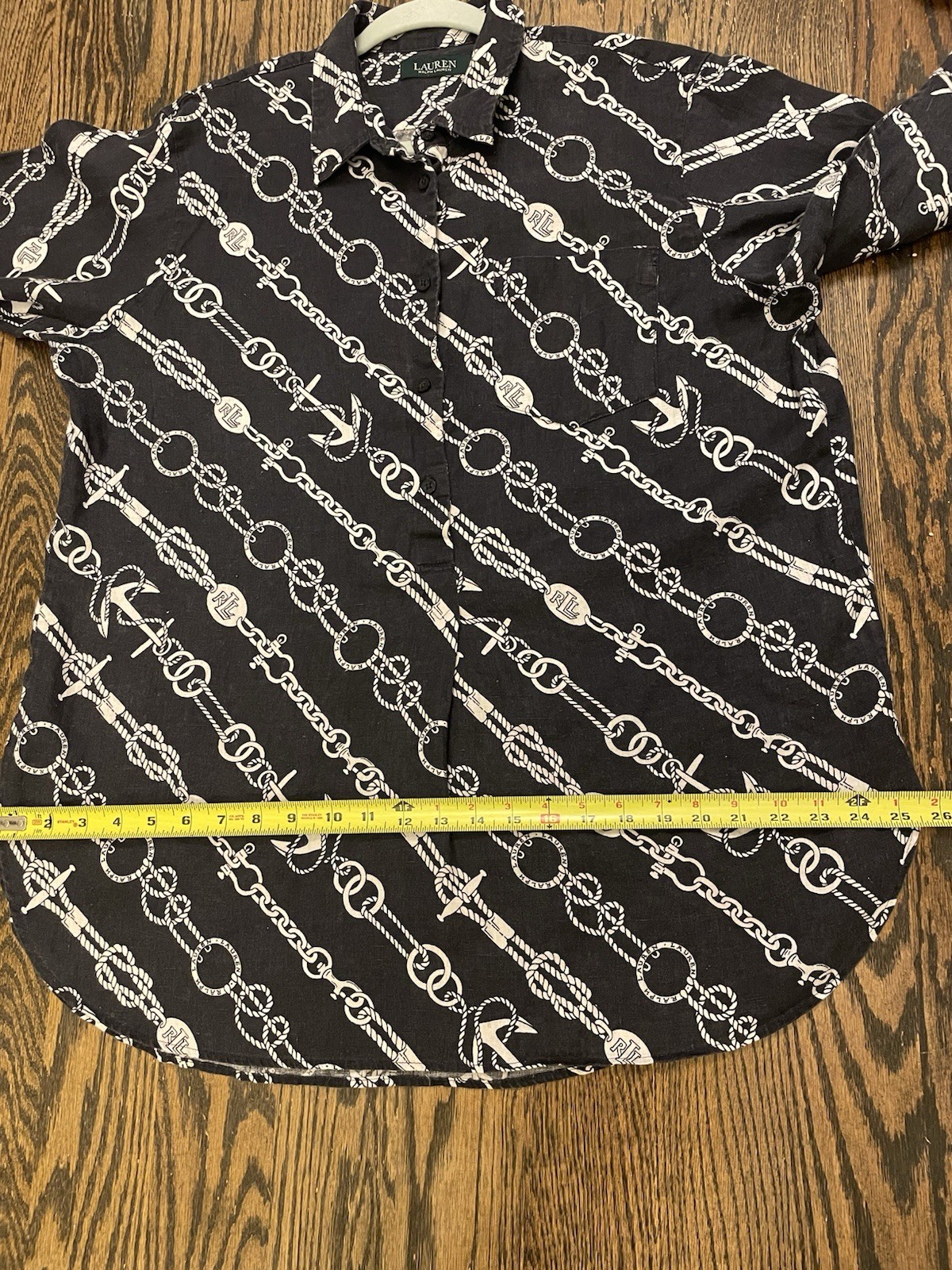 Lauren Ralph Lauren Shirt Nautical Print 1/2 Button Up Linen Navy Blue Womens XL