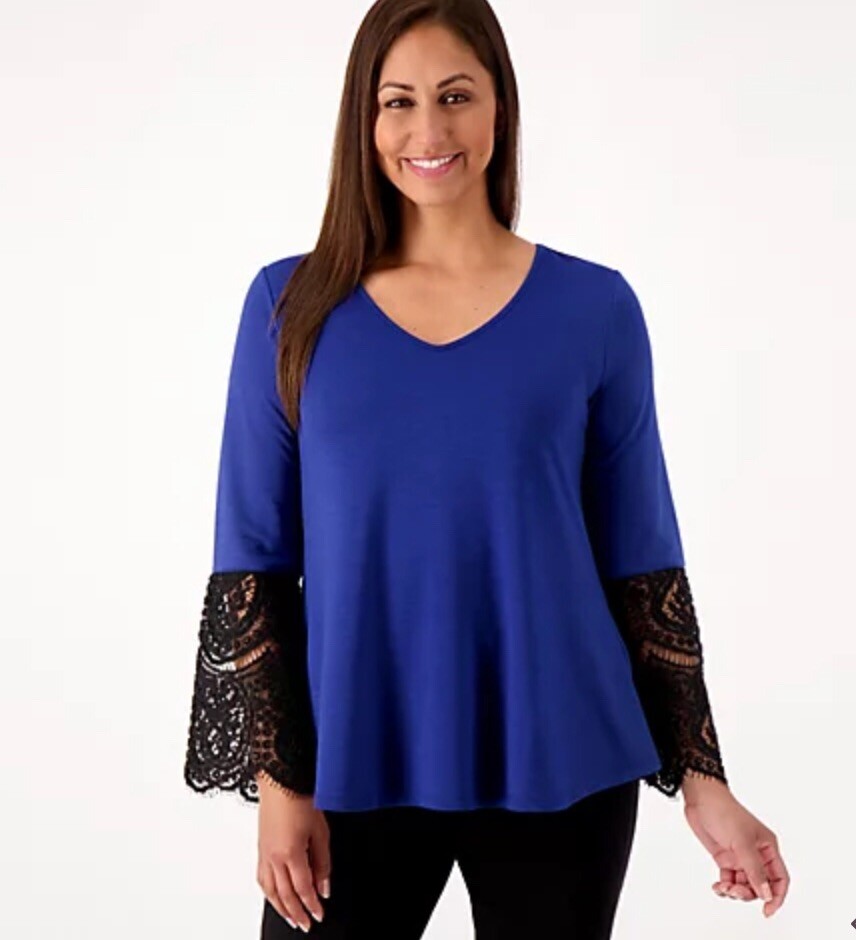 Attitudes by Renee French Terry Lace Sleeve Tunic Lagoon Blue 3X A549014