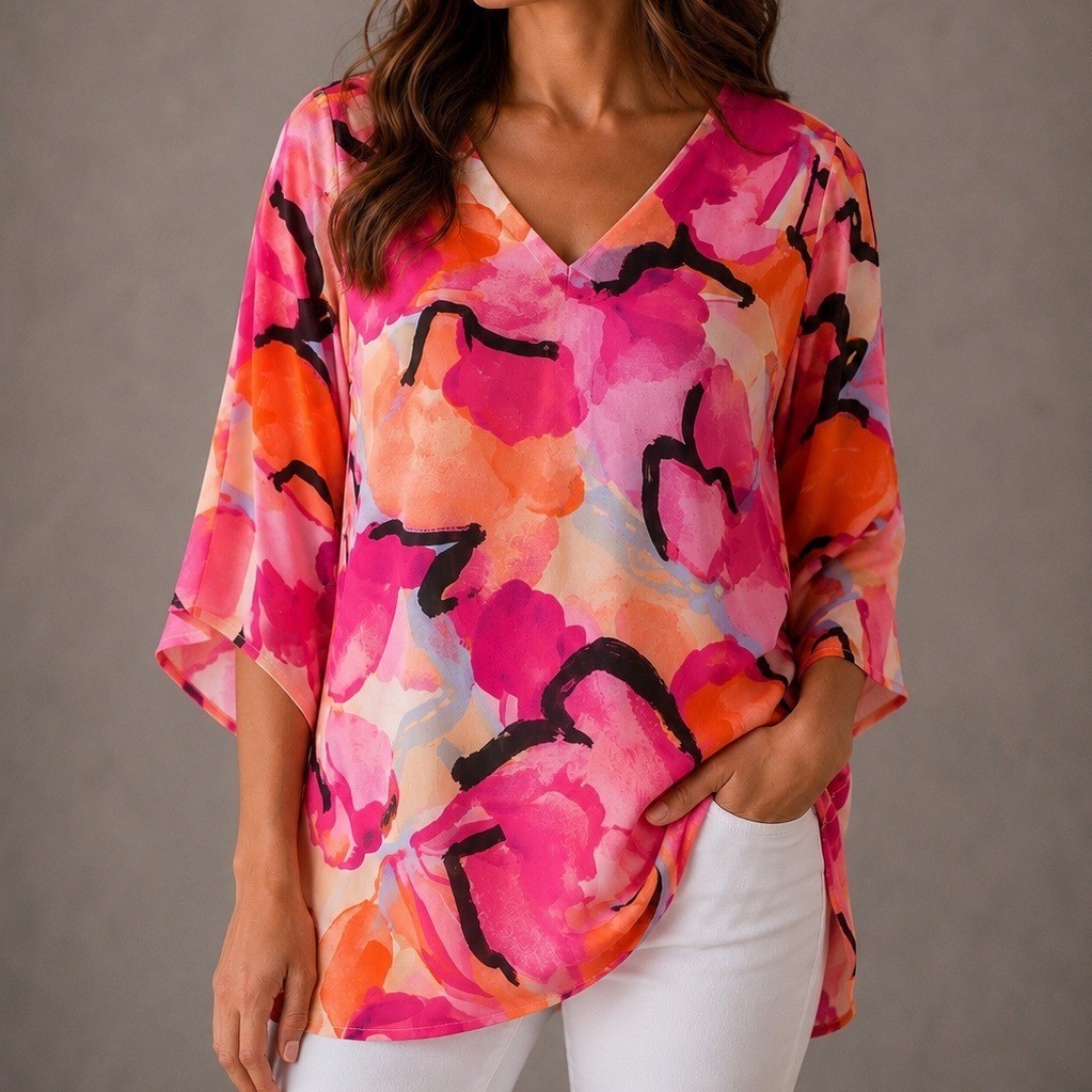 Belle by Kim Gravel Womens Pink Orange Abstract Floral Kimono Sleeve Blouse Med