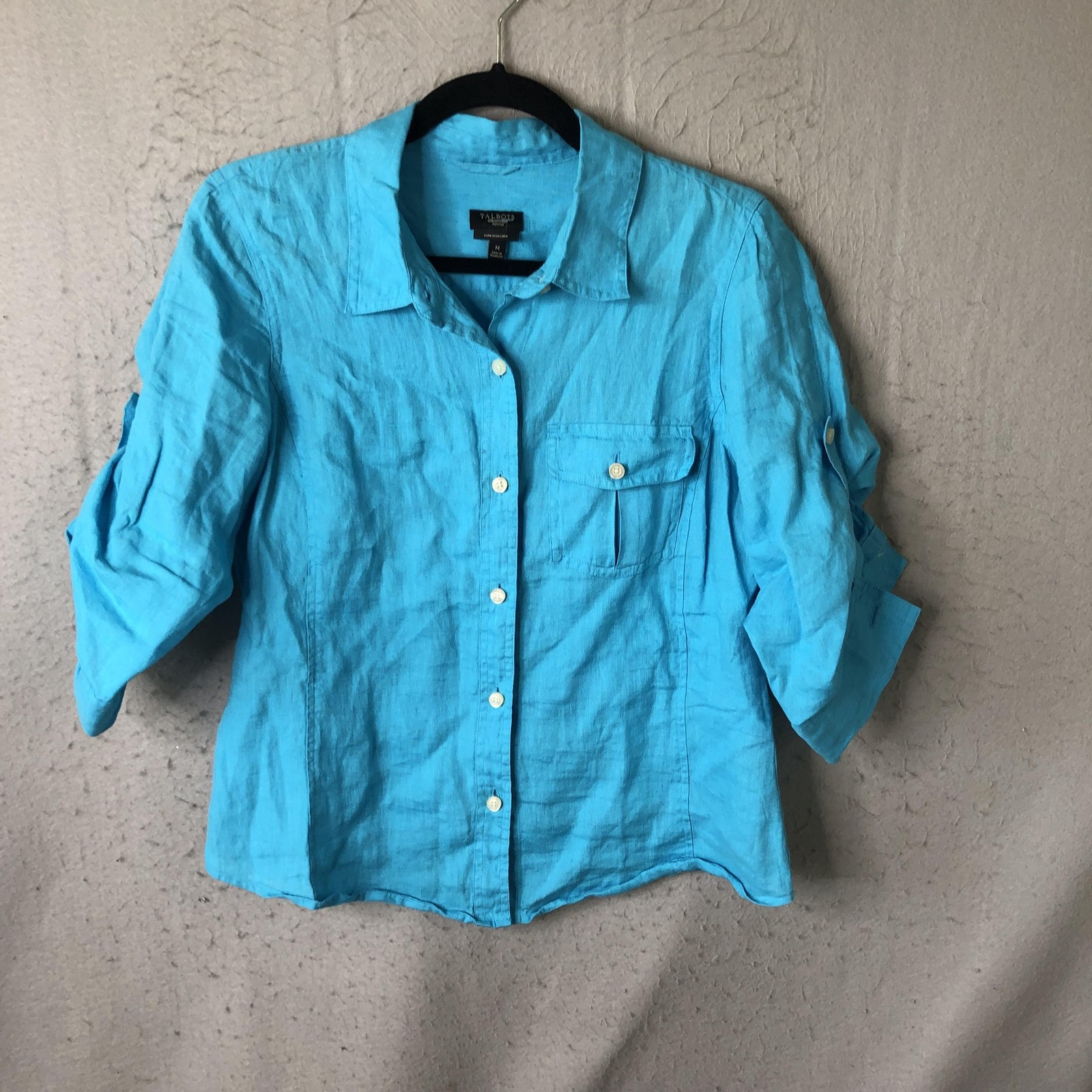 Linen Top Womens Petite M Blue Button Front Roll Tab Sleeve Summer Airy Beach