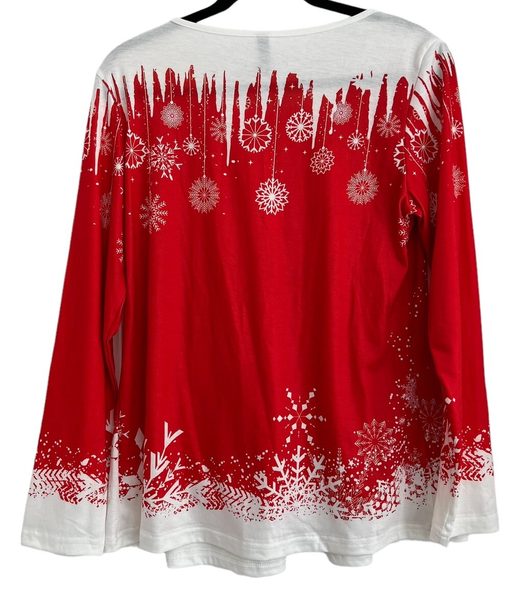 Noracora Pullover Long Sleeve Winter Theme Red White Shirt New Medium