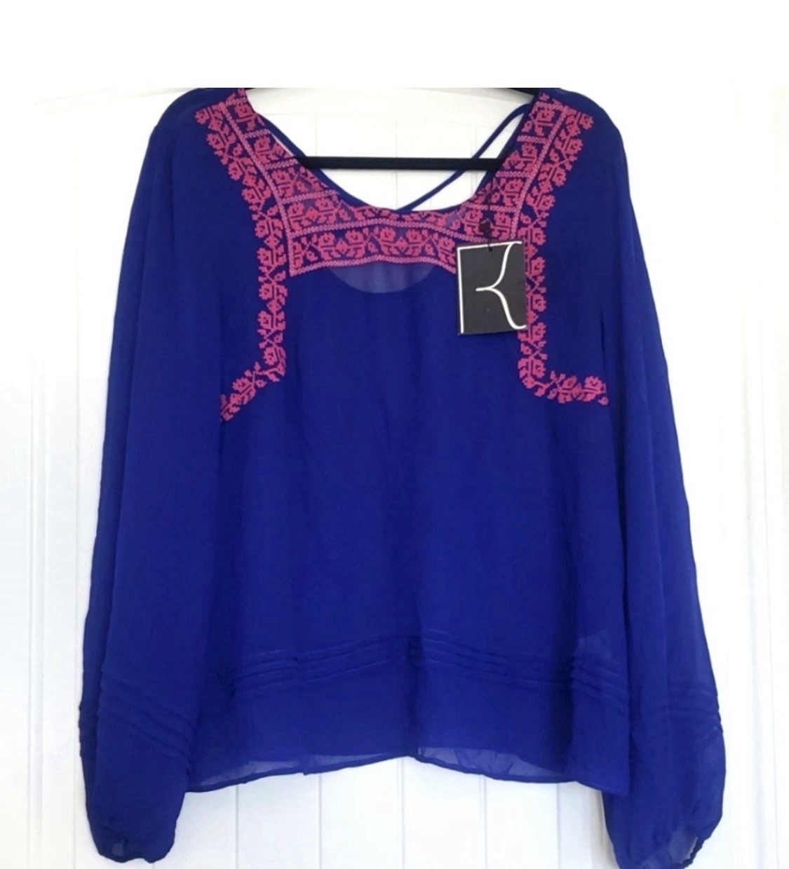 Dance & Marvel Blue Chiffon Embroidered Tunic Blouse Long Sleeve XL