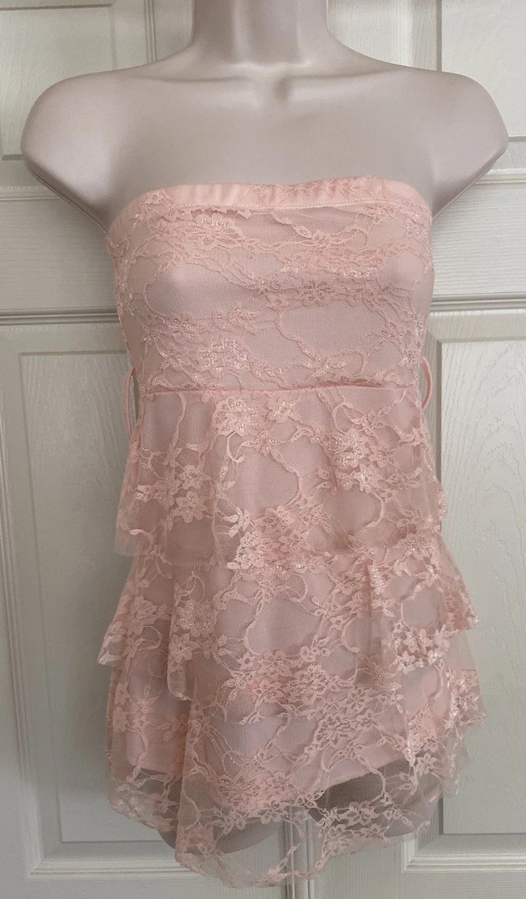 Peach Tiered Floral Lace Romantic Fairy Kawaii Coquette Tube Top Blouse Size S