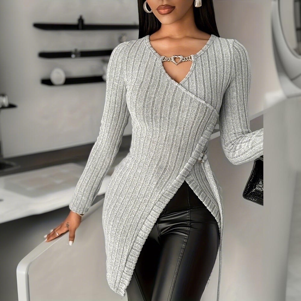 Women Sexy Solid V Neck Solid Slim Fit Tee Blouse Casual Long Sleeve Wrap Tops