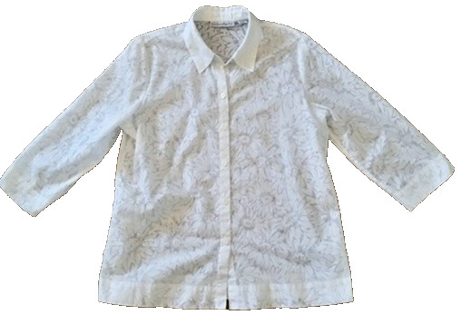 Sag Harbor Women’s Top Large White 3/4 Sleeve Button Up Blouse Semi-Sheer Floral