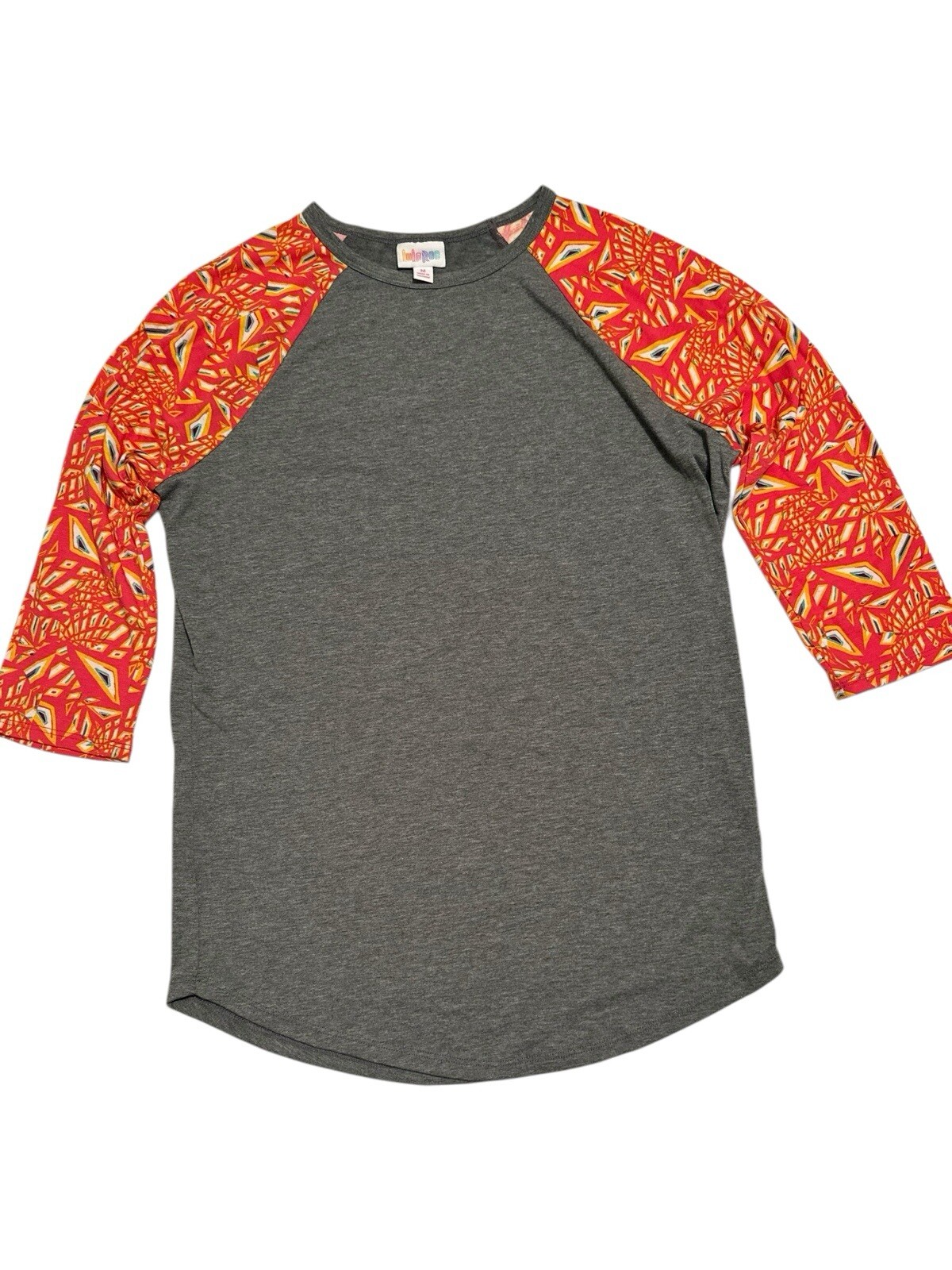 LuLaRoe Randy 3/4 Sleeve Tee Shirt Size Medium Gray W/ Orange Geometric Sleeves