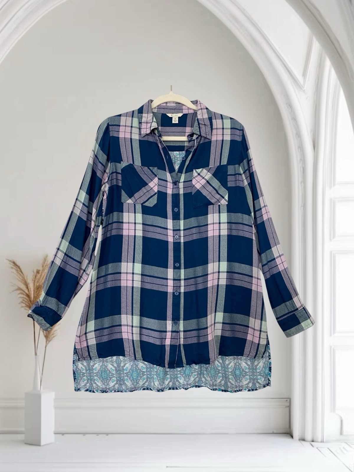 Womens Multi Plaid Button Front Tunic Top Size Medium Preppy Country Chic