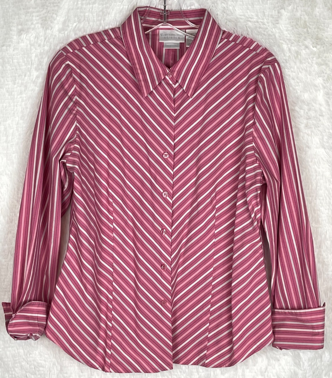 Worthington Size 12 Long Sleeve Pink Striped Button Down Shirt Stretch Easy Care