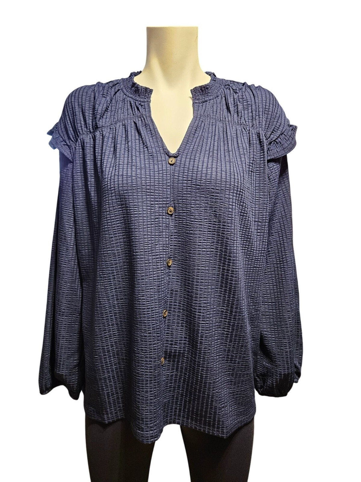 Kaileigh Pullover Navy Blue Texured Ruffled Shoulder Blouse Women Size XL