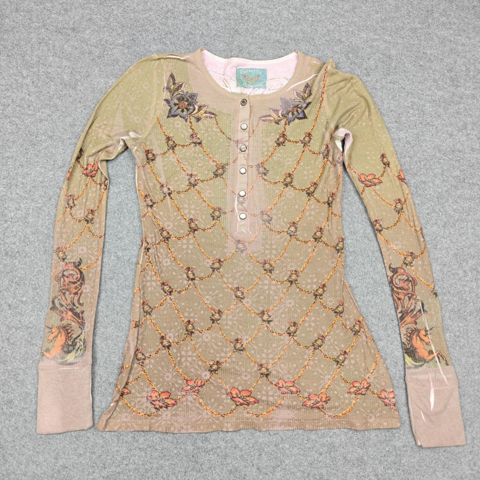 Vintage Butterfly Dropout Shirt Womens Small Beige Floral Henley Top Print Y2K