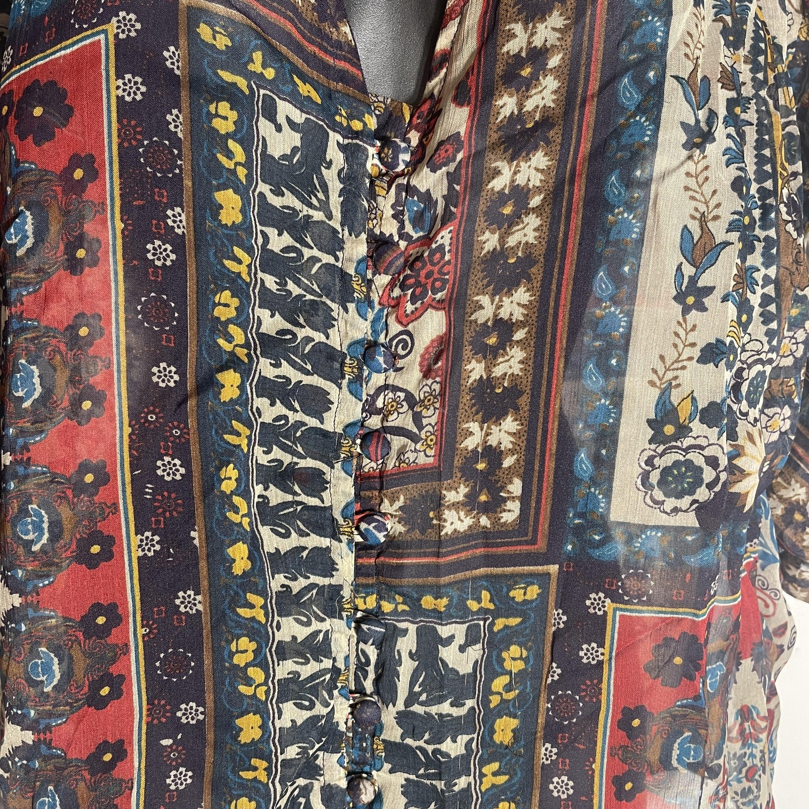 Elena Solano Patchwork Print Shirt Women L Multicolor Sheer Boho Floral Boxy Top