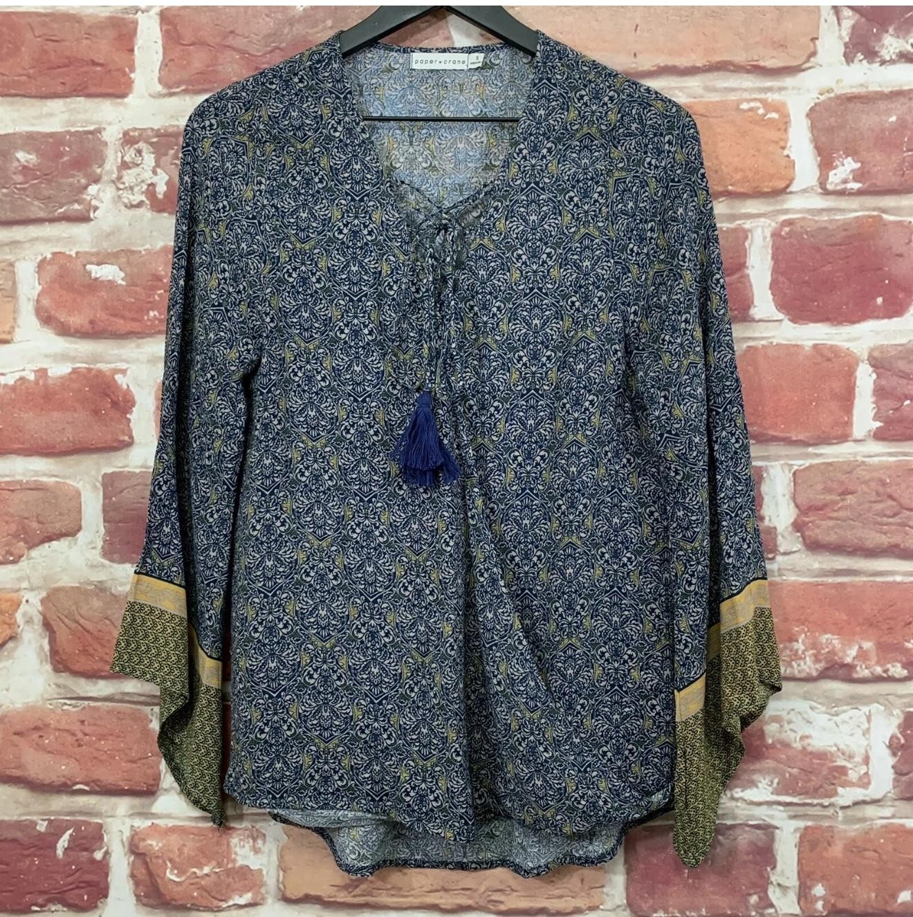 Anthropologie Paper Crane Top Womens S Blue Multicolor Boho Floral Casual Shirt