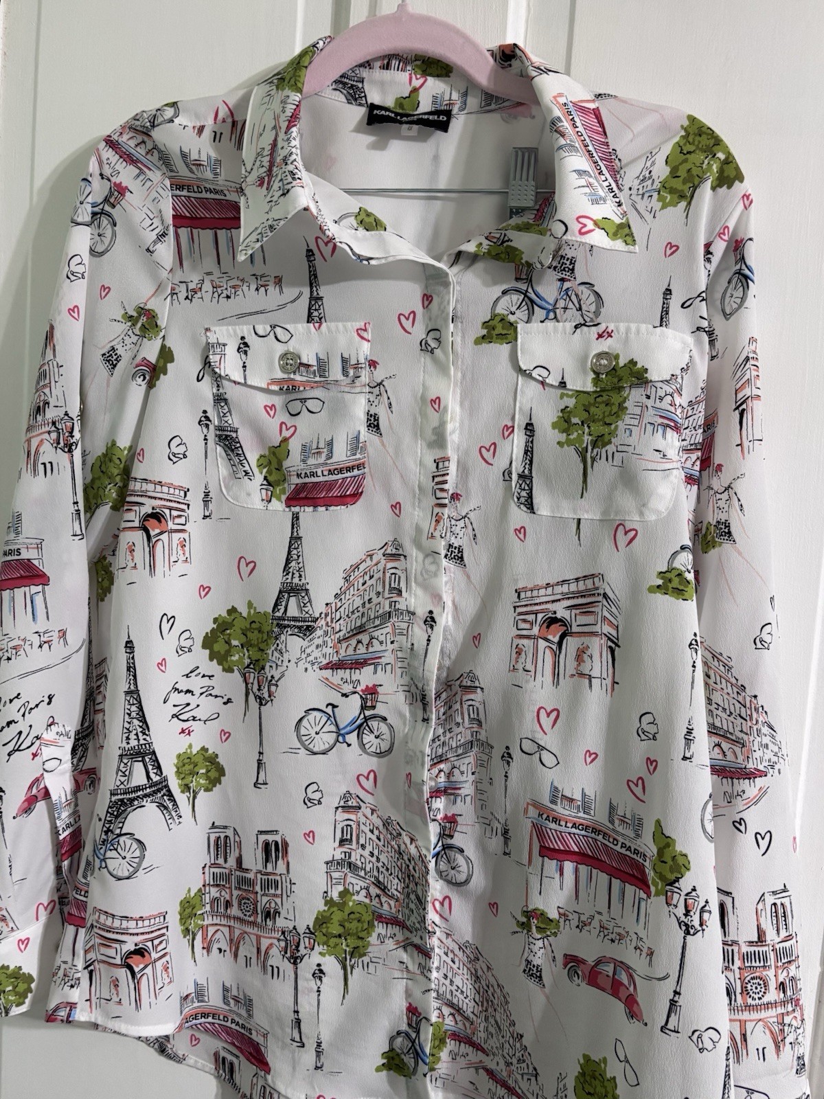 KARL LAGERFELD PARIS Women’s Button-Up Shirt Collared Paris Print White M