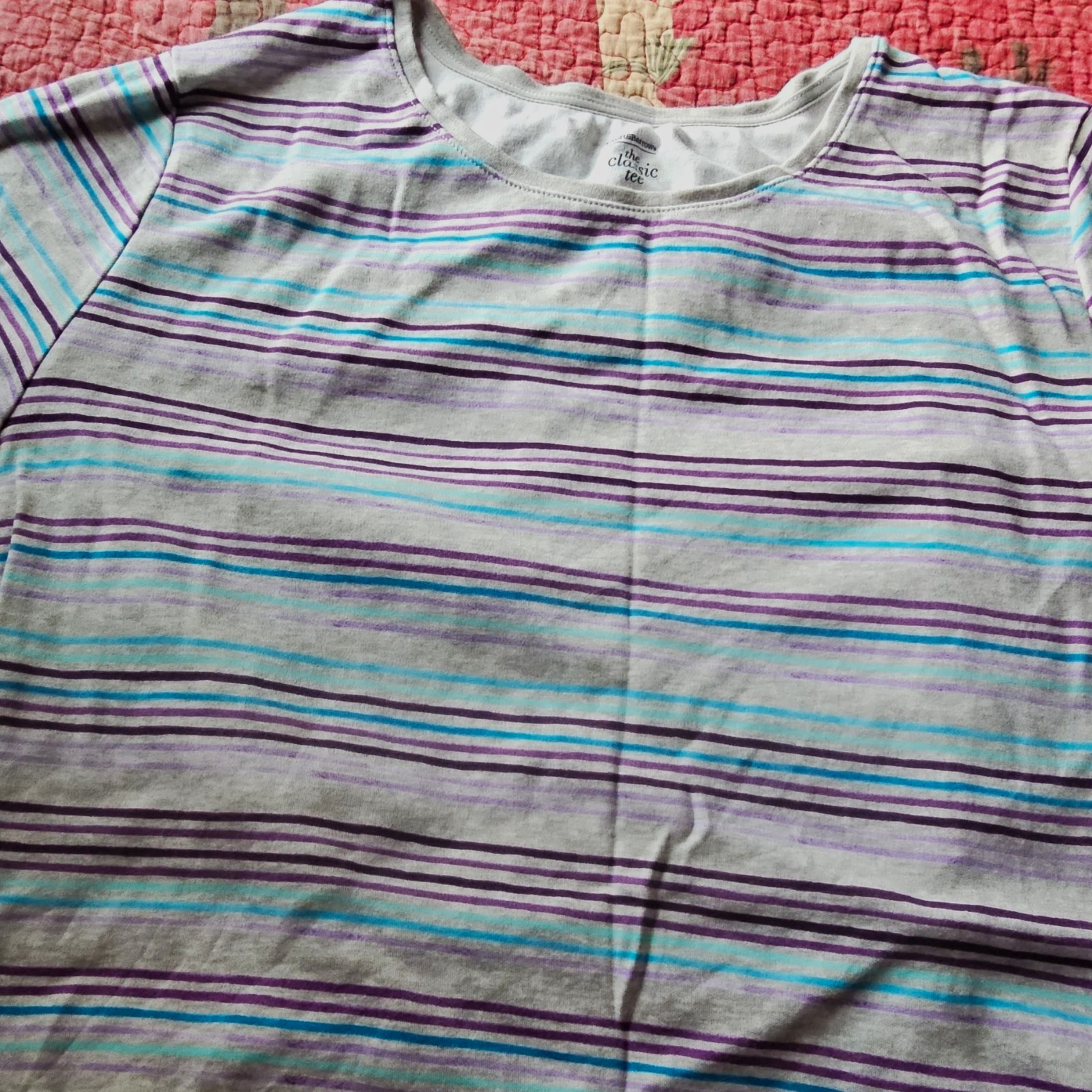 Croft & Barrow Women’s XXL Gray Purple Blue Striped Short Sleeve Crew Neck Tee