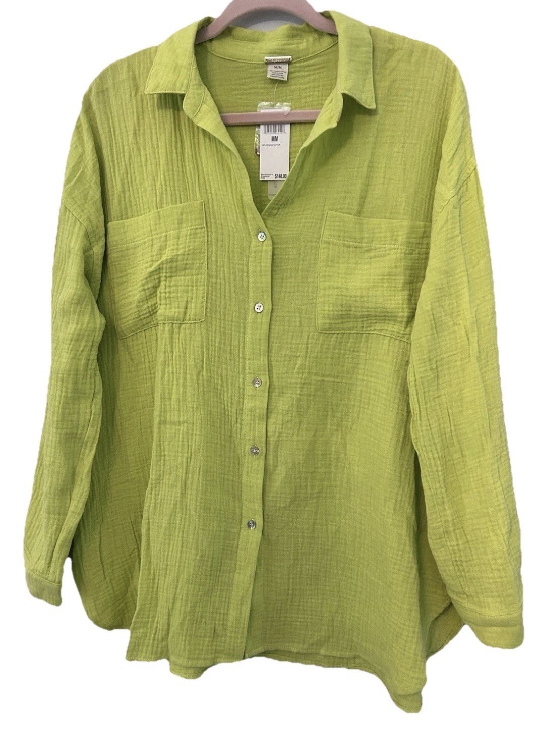 Magaschani 100% Organic Cotton Lime Green Button-Up Long Sleeve Blouse Medium