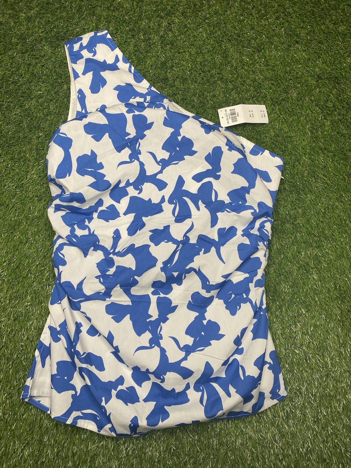 NWT Abercrombie & Fitch One Shoulder Floral Poplin Top Blue White Ruched Size S