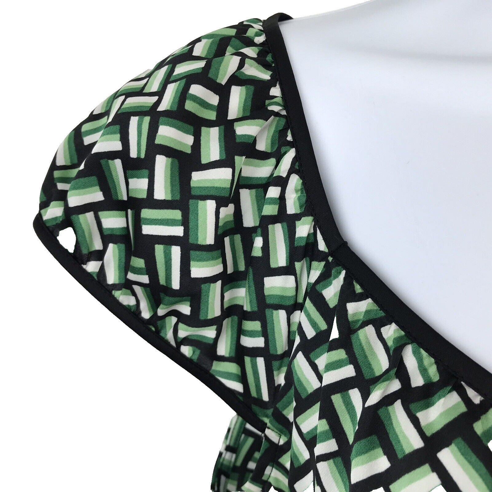 LOFT Top Blouse Womens 4 Green Ivory Black Geometric Print Cap Sleeve Tie Front