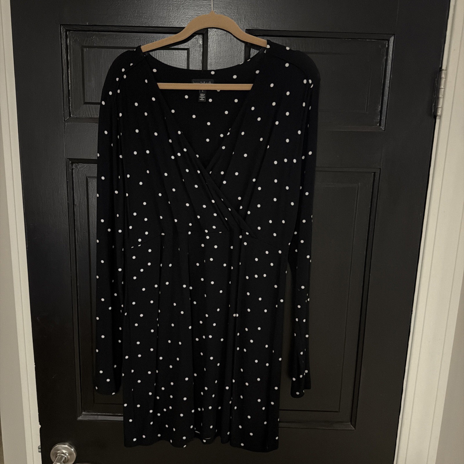 Long Tall Sally Top Size L Black / White Dot Faux Wrap Tunic V-Neck