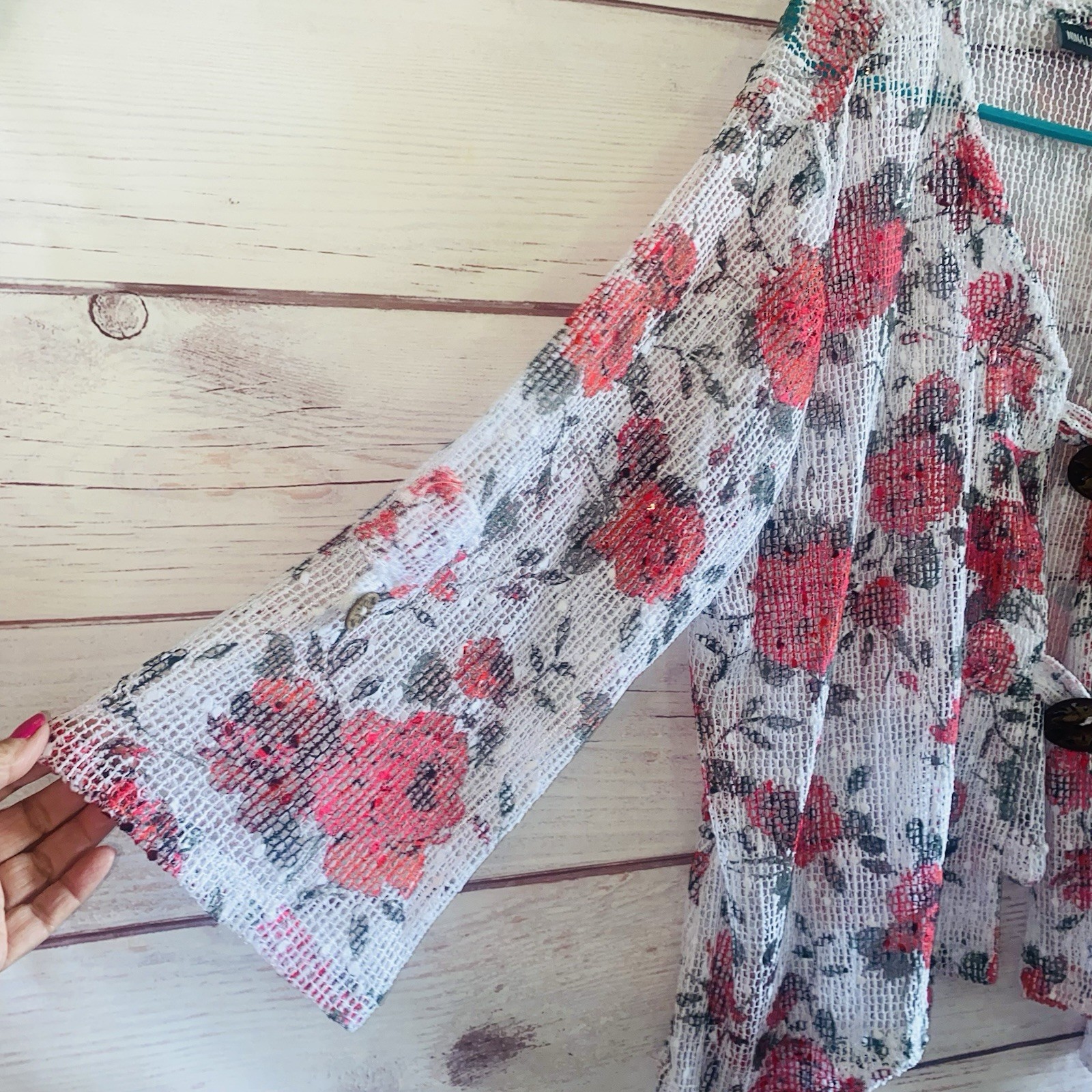 2 Nina Leonard XL Floral Open Knit Cardigans Sheer Bell Sleeve Cover Ups B47