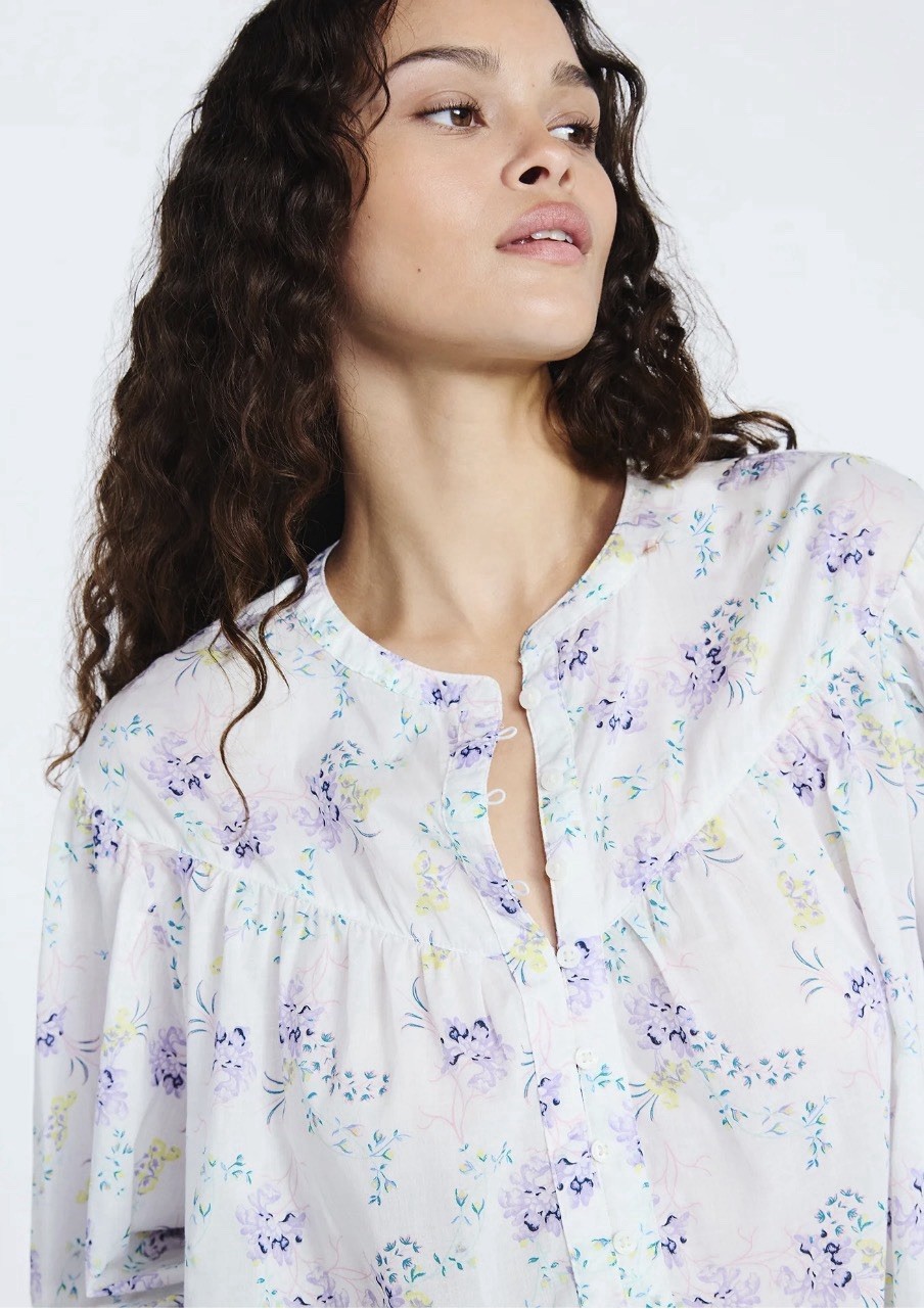 Scoop Button White Floral Print Boho Flowy Hippie Blouse X-SMALL NEW #16016-17