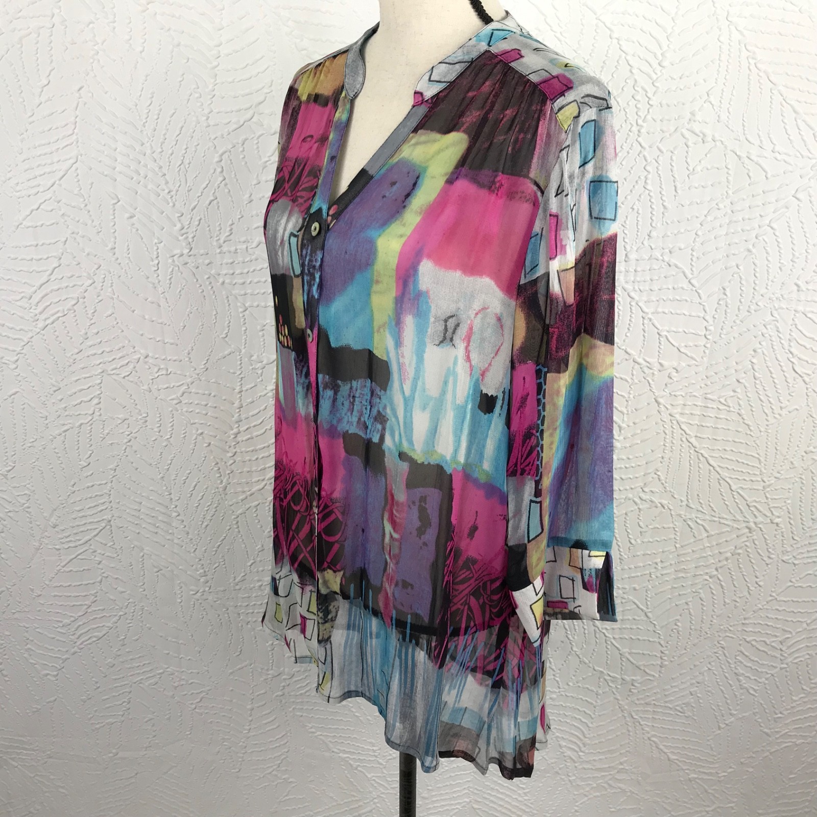 Parsley & Sage Sheer Shirt Blouse Tunic Size L Art to Wear Colorful Lightweight
