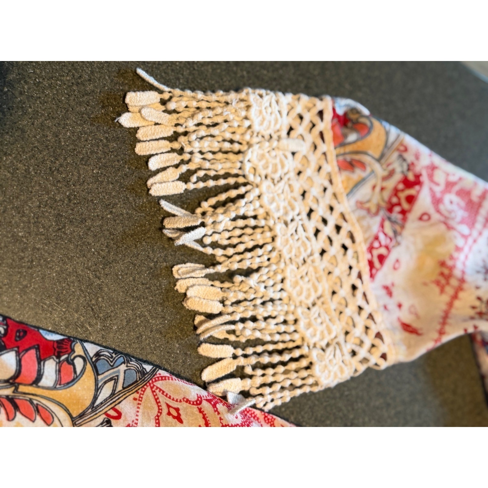 Sundance Womens Red Paisley Floral Rayon Boho Blouse Fringe Tassels Size M