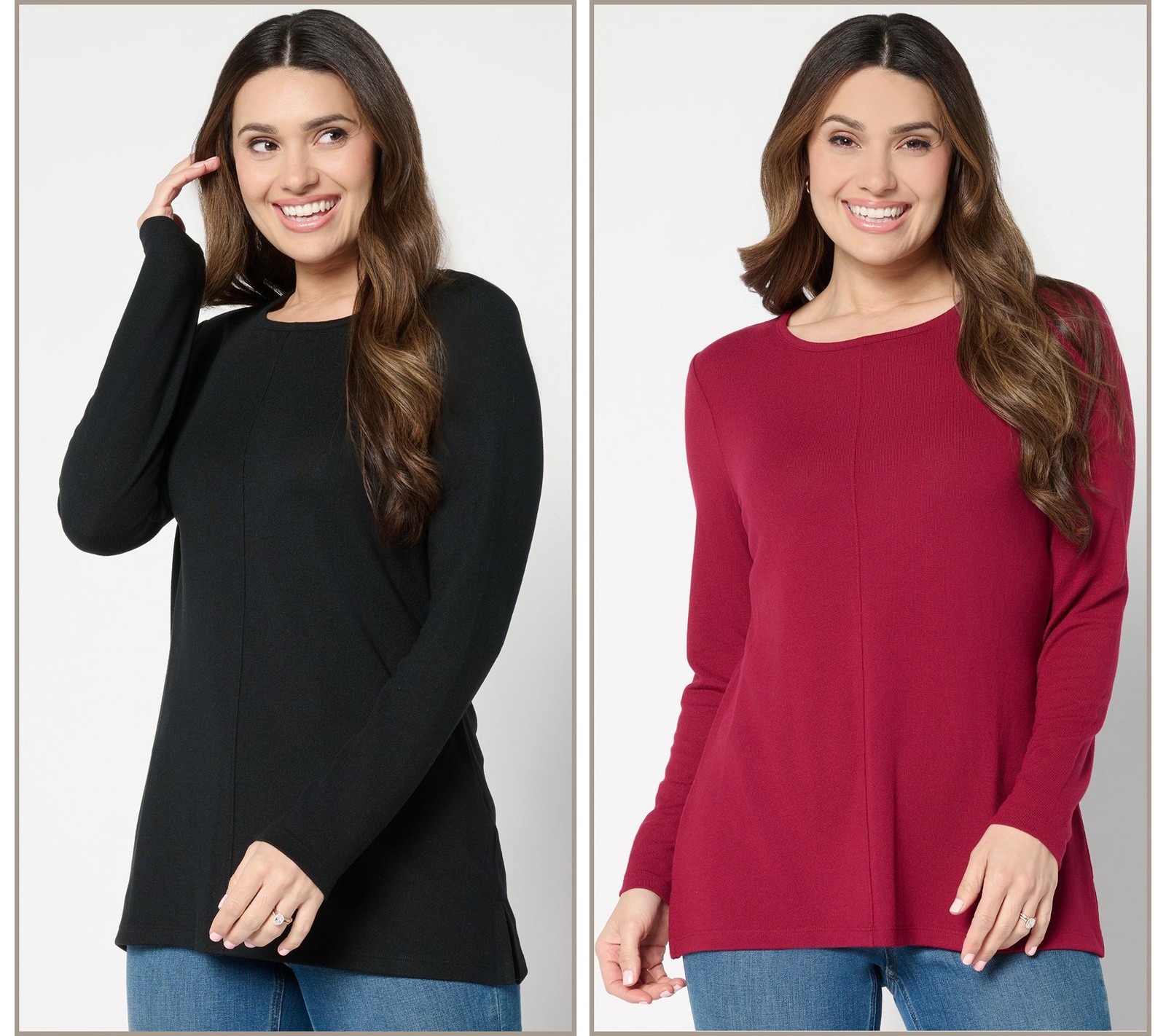 Denim & Co. Essentials Heavenly Jersey 2-Pack Long Sleeve Tunics Black/Cranberry