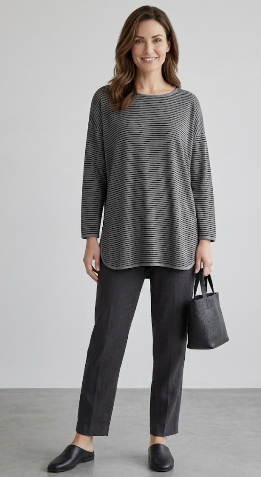 Eileen Fisher Black Gray Striped Tencel Tunic Shirt Womens Plus 1X